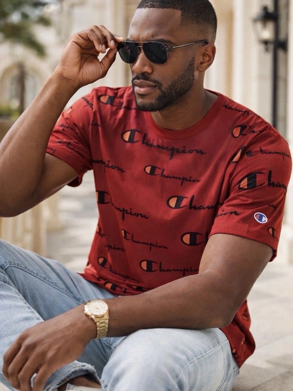 Champion Men's All-Over Logo Crewneck T-Shirt in Red